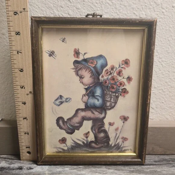 Vintage Bessie Pease Gutmann Print Boy w Flowers Evans Framed Nursery 7x9 - Picture 2 of 9